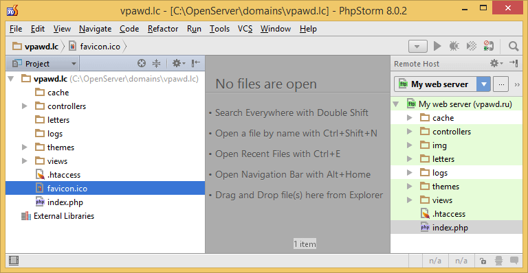 PhpStorm: пример перетаскивания файла из проекта на сервер