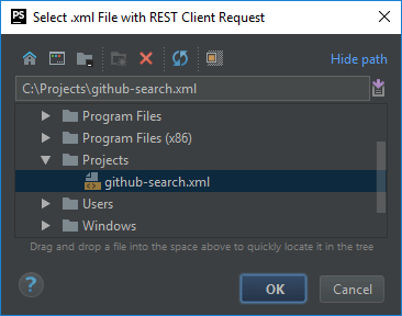 PhpStorm: окно «Select .xml File with REST Client Request»