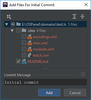 PhpStorm: окно "Add Files For Initial Commit"